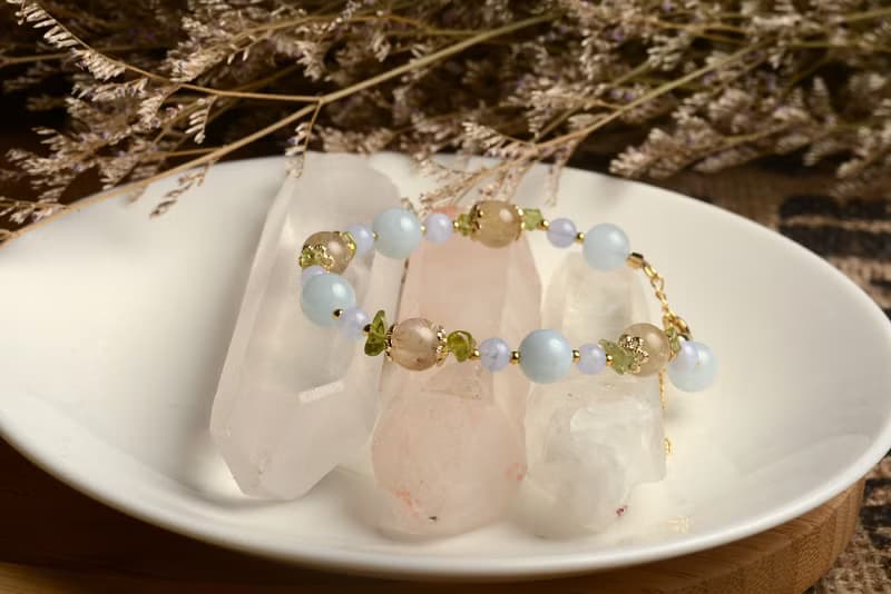 【神山晶礦】海藍寶橄欖鈦晶藍紋瑪瑙手鍊/海藍寶/橄欖石/鈦晶