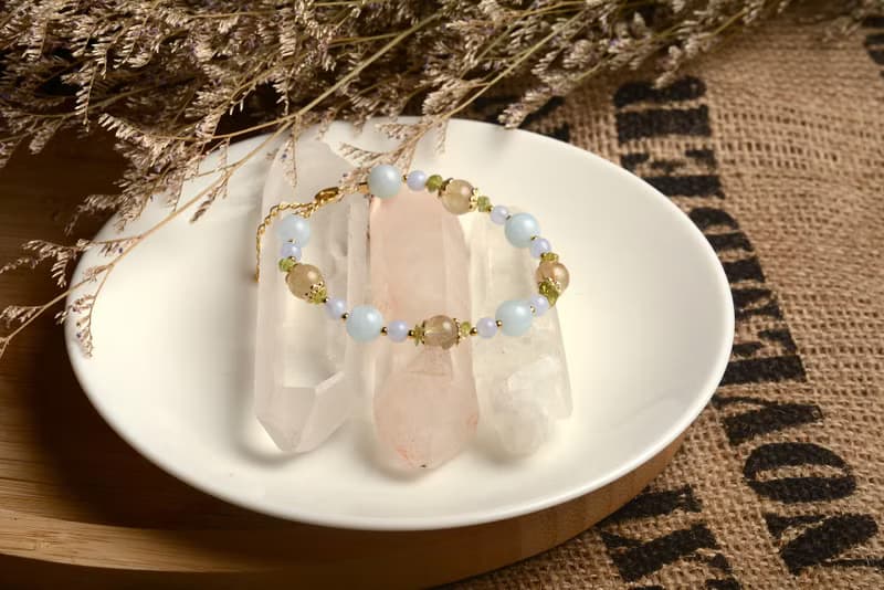 【神山晶礦】海藍寶橄欖鈦晶藍紋瑪瑙手鍊/海藍寶/橄欖石/鈦晶