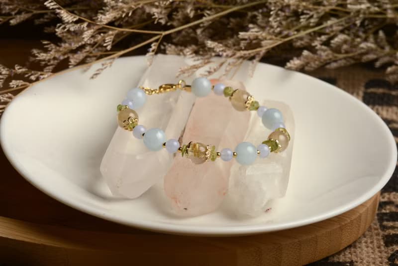 【神山晶礦】海藍寶橄欖鈦晶藍紋瑪瑙手鍊/海藍寶/橄欖石/鈦晶