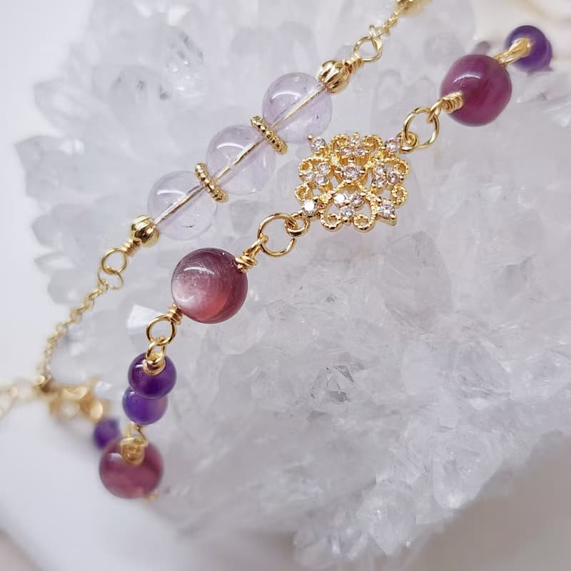 紫語花映。紫鋰雲母 紫水晶 薰衣草紫水晶 水晶手鍊 雙圈