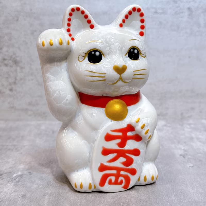 【福白映金】日本清水燒招財貓 | 花結晶 白 - 千万両 右