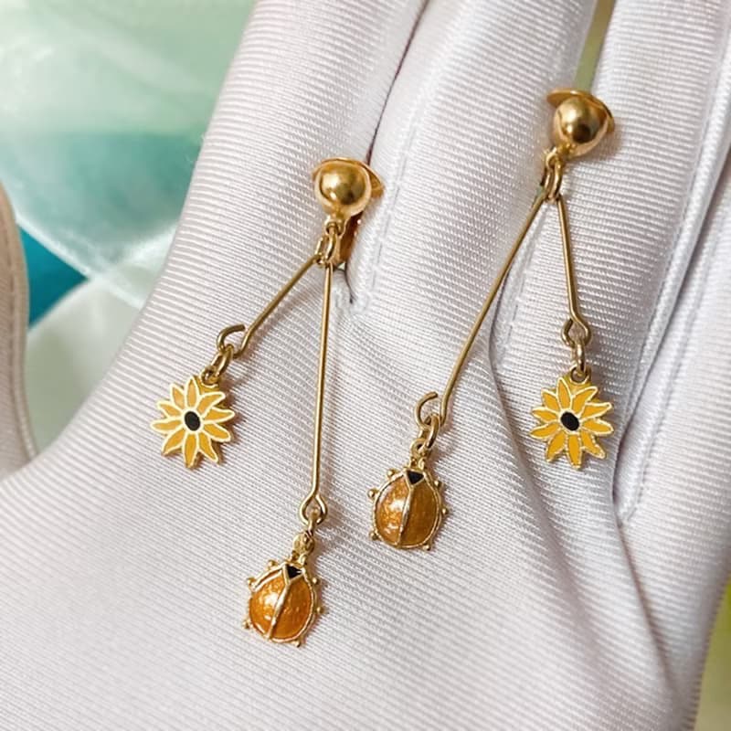 【西洋古董飾品】自然風 瓢蟲小花 琺瑯工藝 垂墜可晃動 耳環耳夾