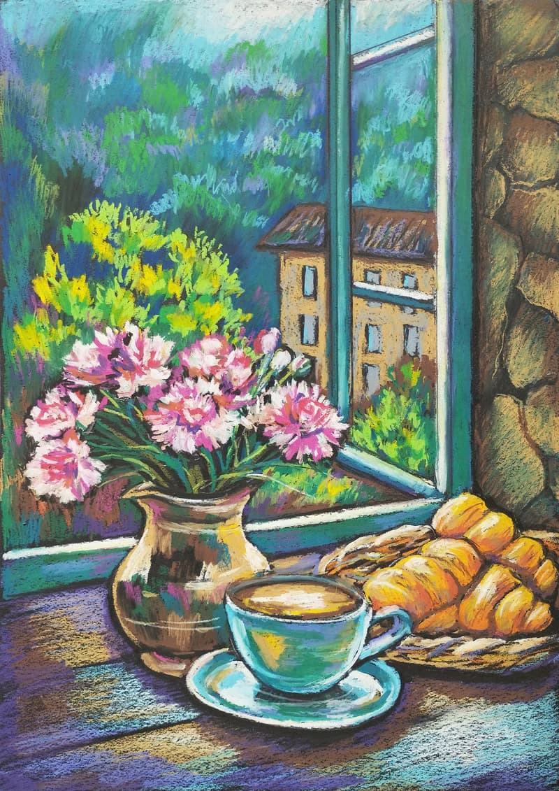 French Breakfast drawing flowers art painting oil pastel bouquet gift for woman