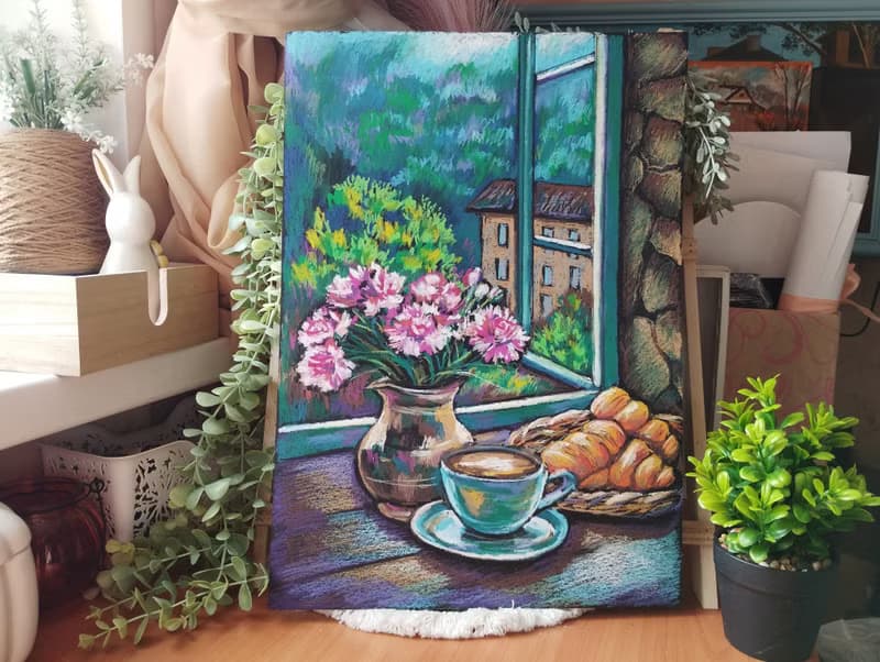 French Breakfast drawing flowers art painting oil pastel bouquet gift for woman
