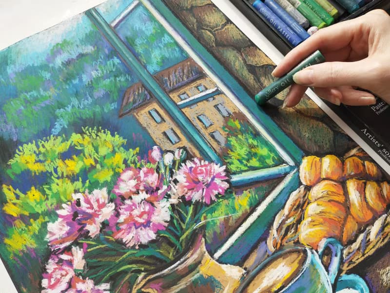French Breakfast drawing flowers art painting oil pastel bouquet gift for woman