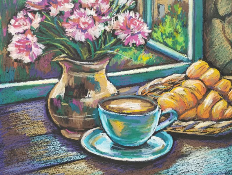 French Breakfast drawing flowers art painting oil pastel bouquet gift for woman