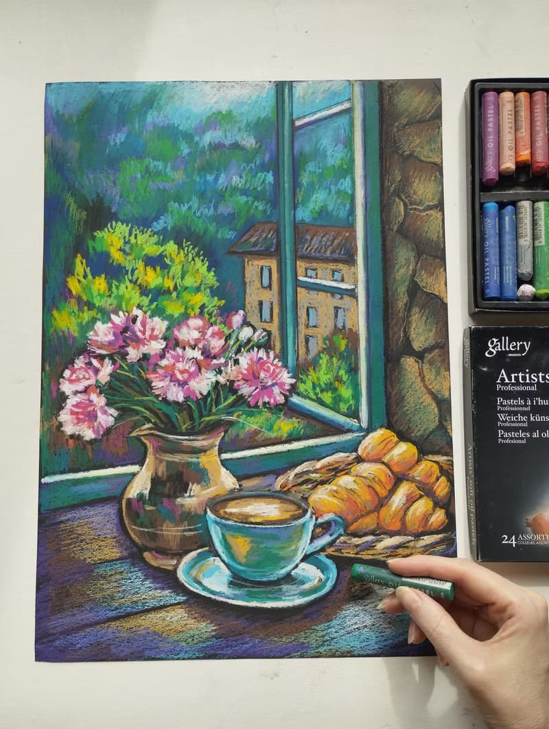 French Breakfast drawing flowers art painting oil pastel bouquet gift for woman
