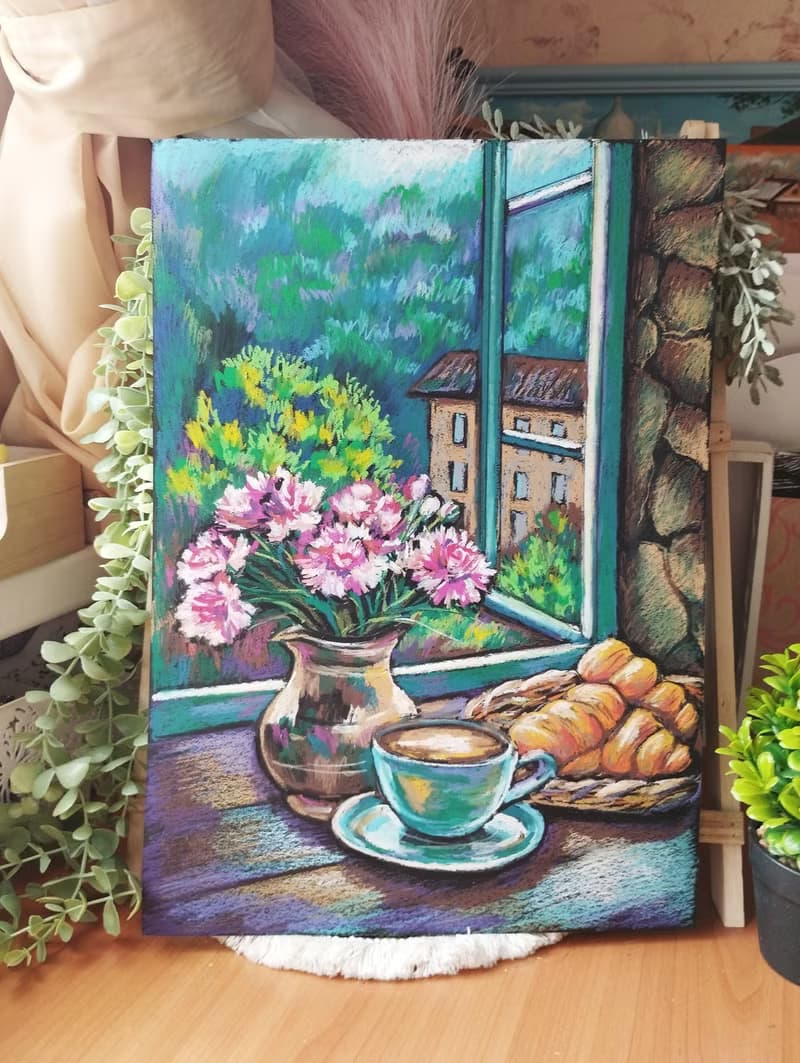French Breakfast drawing flowers art painting oil pastel bouquet gift for woman