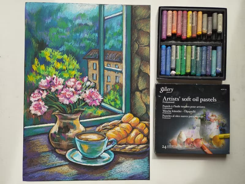 French Breakfast drawing flowers art painting oil pastel bouquet gift for woman