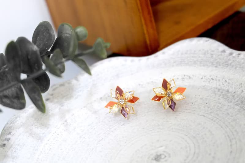 耳針x耳夾水晶花_雪花(磚橘色系)_光點飾品