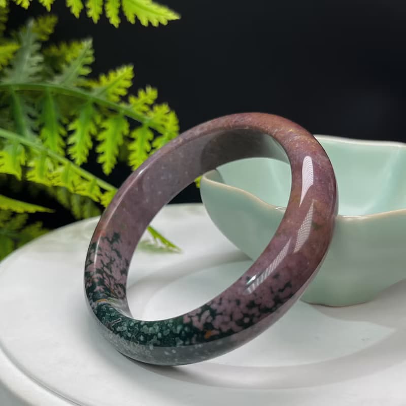 海洋碧玉手镯 56MM 冰潤魚籽老料 紫綠雙色玉髓手環 脈輪療愈和諧