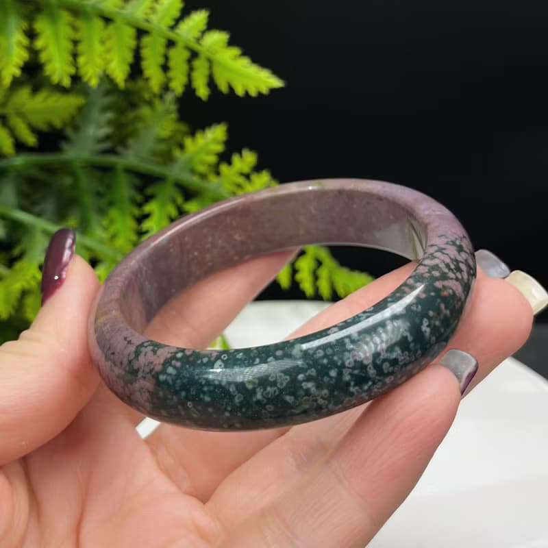 海洋碧玉手镯 56MM 冰潤魚籽老料 紫綠雙色玉髓手環 脈輪療愈和諧