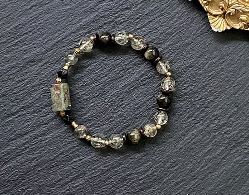 幽靈水晶 金曜石// 碧璽綠髮晶 黑曜石 椰殼// 黃銅手鍊 財運水晶