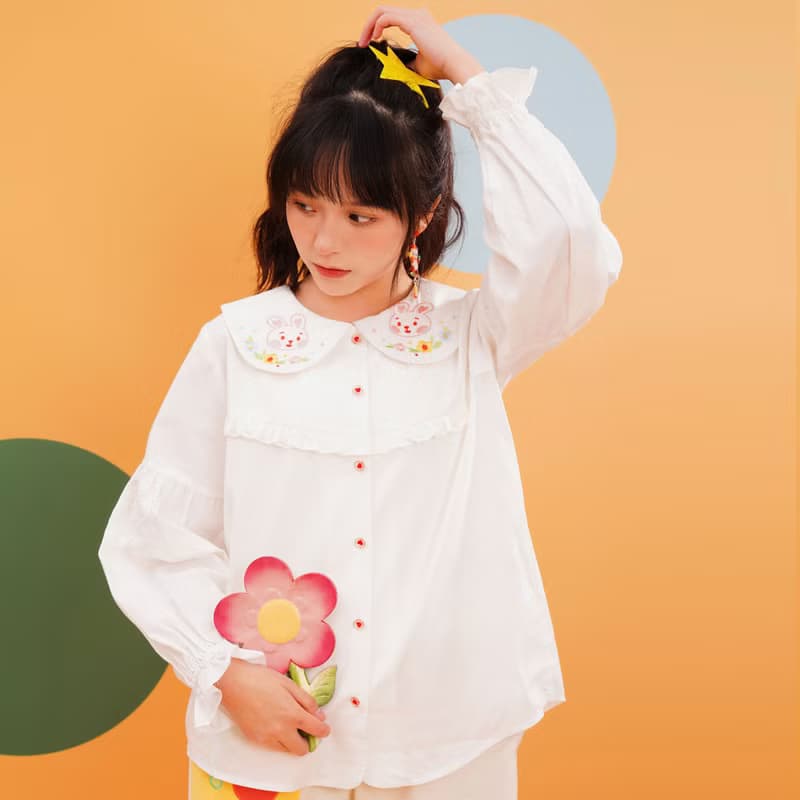 小兔子嗡嗡襯衣復古昭和可愛舒服透氣純棉天絲精美刺