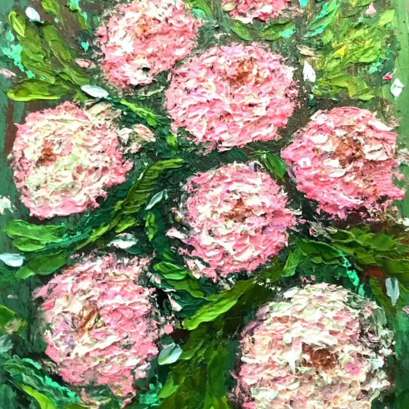 Pink chrysanthemums impressionistic painting on canvas. Impasto technique