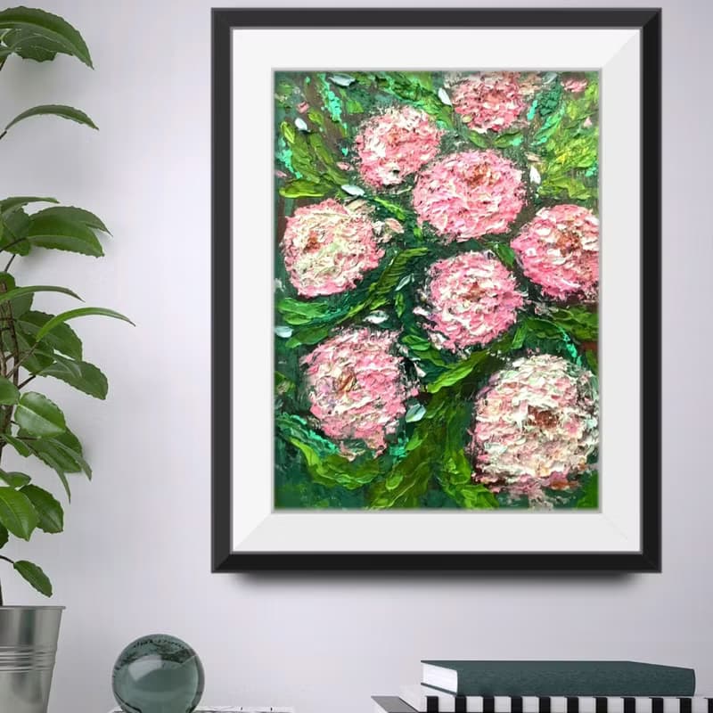 Pink chrysanthemums impressionistic painting on canvas. Impasto technique