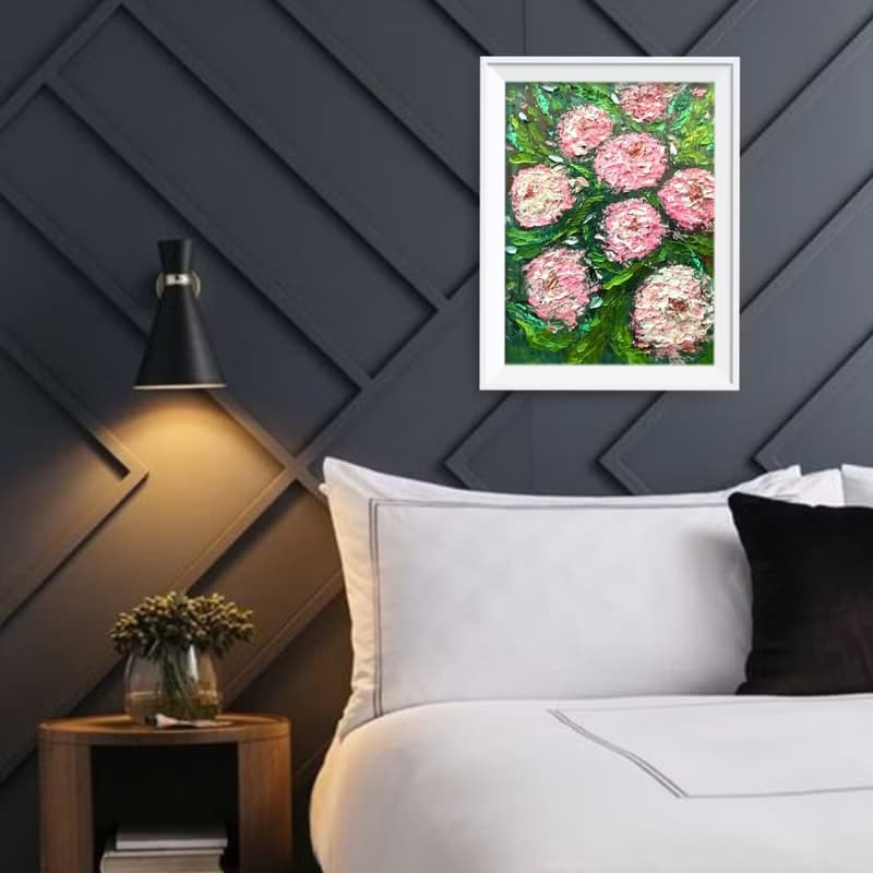 Pink chrysanthemums impressionistic painting on canvas. Impasto technique