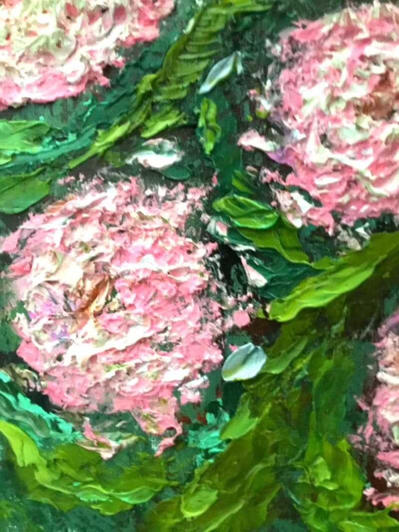 Pink chrysanthemums impressionistic painting on canvas. Impasto technique