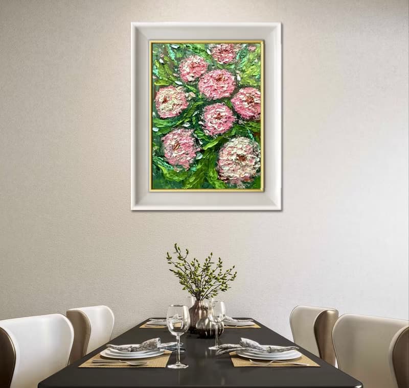 Pink chrysanthemums impressionistic painting on canvas. Impasto technique