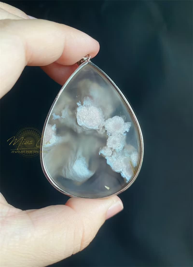 櫻花瑪瑙 粉花帶綠小碎花 水中花 項鍊 禮物 S925銀鑲