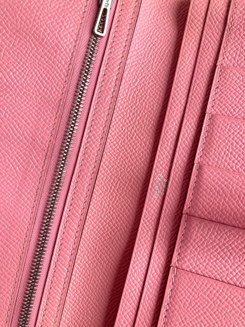 【初夏優惠】中古二手Hermes Bearn粉紅皮革長夾銀錢包手拿袋
