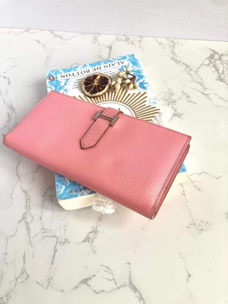 【初夏優惠】中古二手Hermes Bearn粉紅皮革長夾銀錢包手拿袋