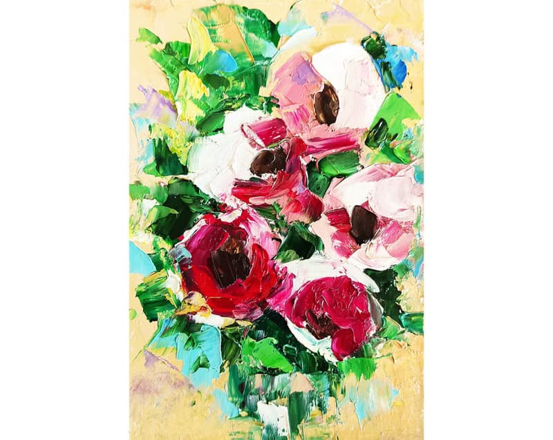 Peonies Bouquet Original Painting Pink Flower Artwork Small Floral Art 手工油畫 油畫原作