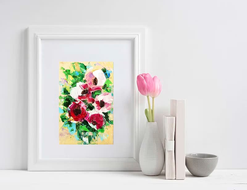 Peonies Bouquet Original Painting Pink Flower Artwork Small Floral Art 手工油畫 油畫原作