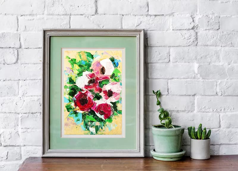 Peonies Bouquet Original Painting Pink Flower Artwork Small Floral Art 手工油畫 油畫原作