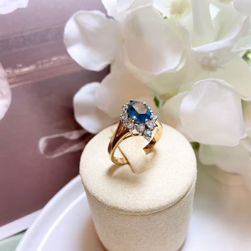 【西洋古董飾品】14Kthge 層次精緻湛藍切割面 k金戒指