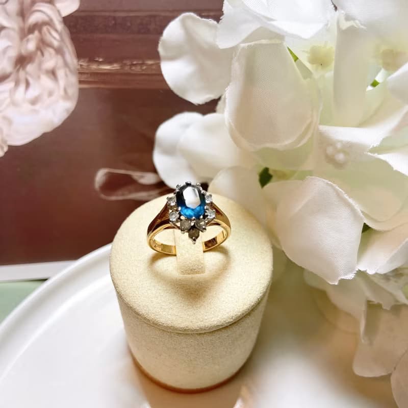 【西洋古董飾品】14Kthge 層次精緻湛藍切割面 k金戒指