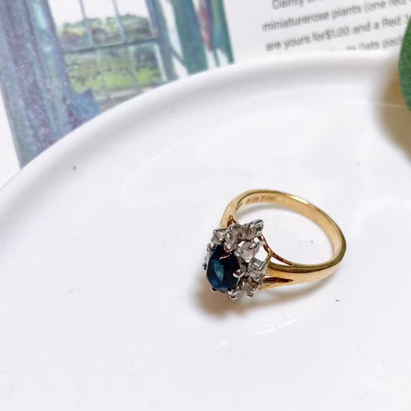 【西洋古董飾品】14Kthge 層次精緻湛藍切割面 k金戒指