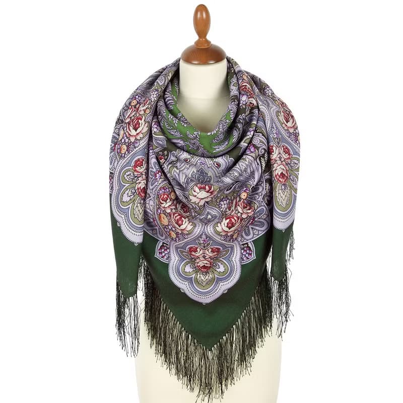 Pavlovo Posad Russian Shawl 100% Wool Scarf 125x125 cm Wrap Silk Fringe 2016-9