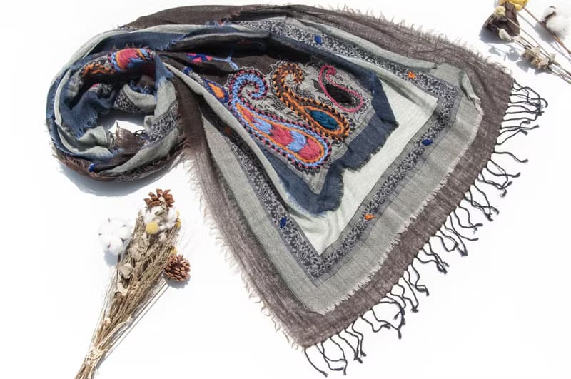 喀什米爾Cashmere/水煮羊毛披肩/針織圍巾/刺繡圍巾/羊絨披巾-花
