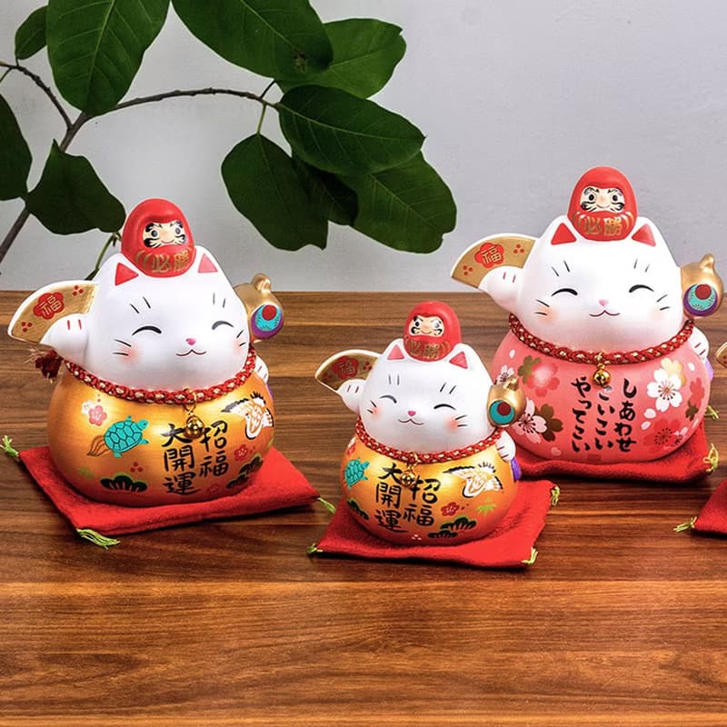 日本藥師窯彩繪櫻花達摩招財貓辦公桌面擺件可愛治癒結婚生日禮物