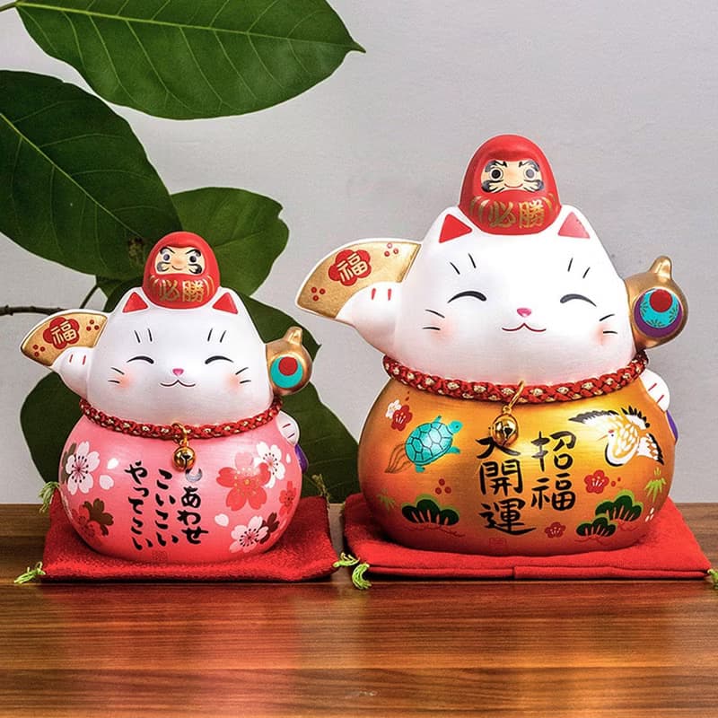 日本藥師窯彩繪櫻花達摩招財貓辦公桌面擺件可愛治癒結婚生日禮物