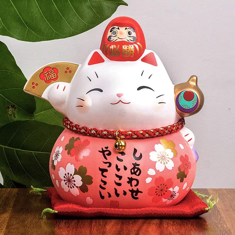 日本藥師窯彩繪櫻花達摩招財貓辦公桌面擺件可愛治癒結婚生日禮物