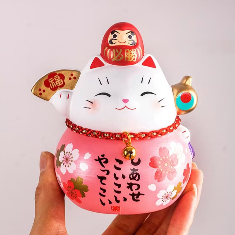 日本藥師窯彩繪櫻花達摩招財貓辦公桌面擺件可愛治癒結婚生日禮物