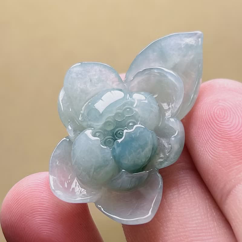 冰種飄花翡翠巧雕蓮花 |  裸石 | 天然緬甸玉A貨翡翠 | 送禮