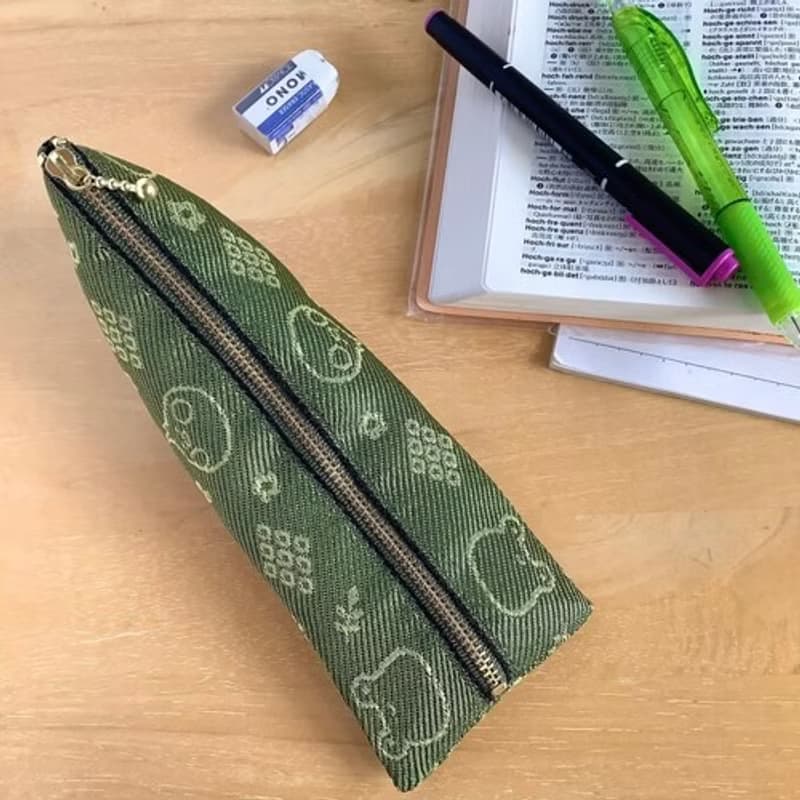 【カエルとトリさん】畳縁　テトラ型　ペンケース　グリーン　草色　蛙　鳥　オカメインコ