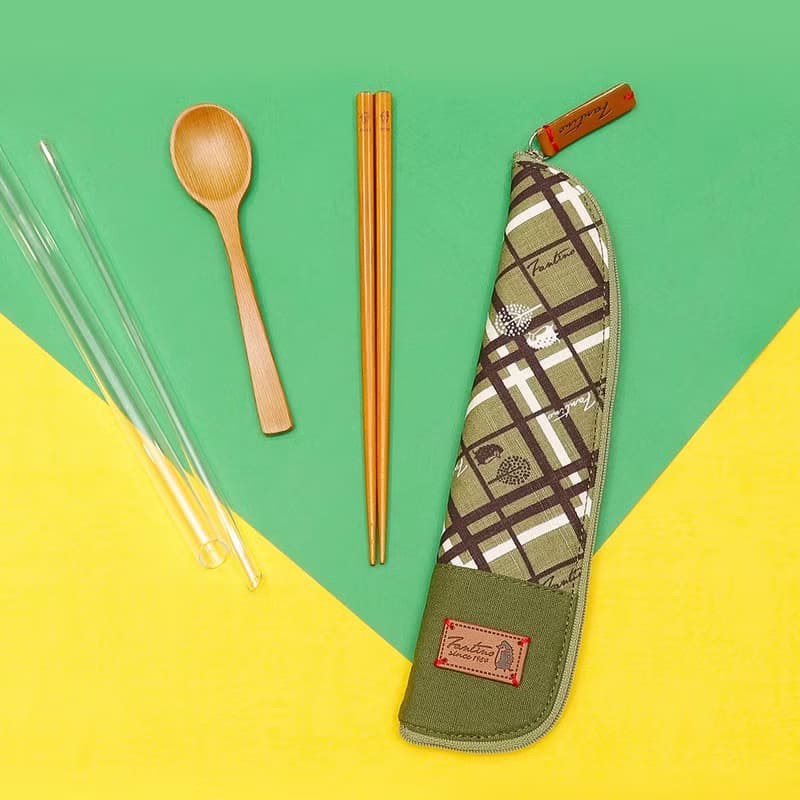 獨創布花 棉麻餐具袋::抹茶綠:: (格紋街區)環保餐具/畢業季