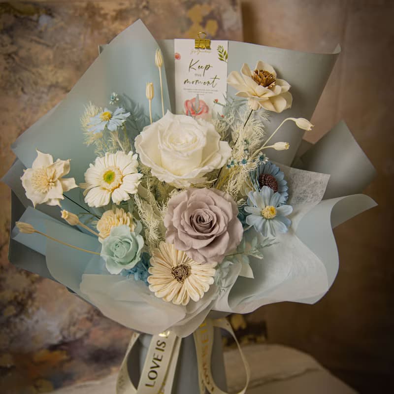 【清新】白藍色 乾燥花 永生太陽花小雛菊花束 / 生日畢業禮物