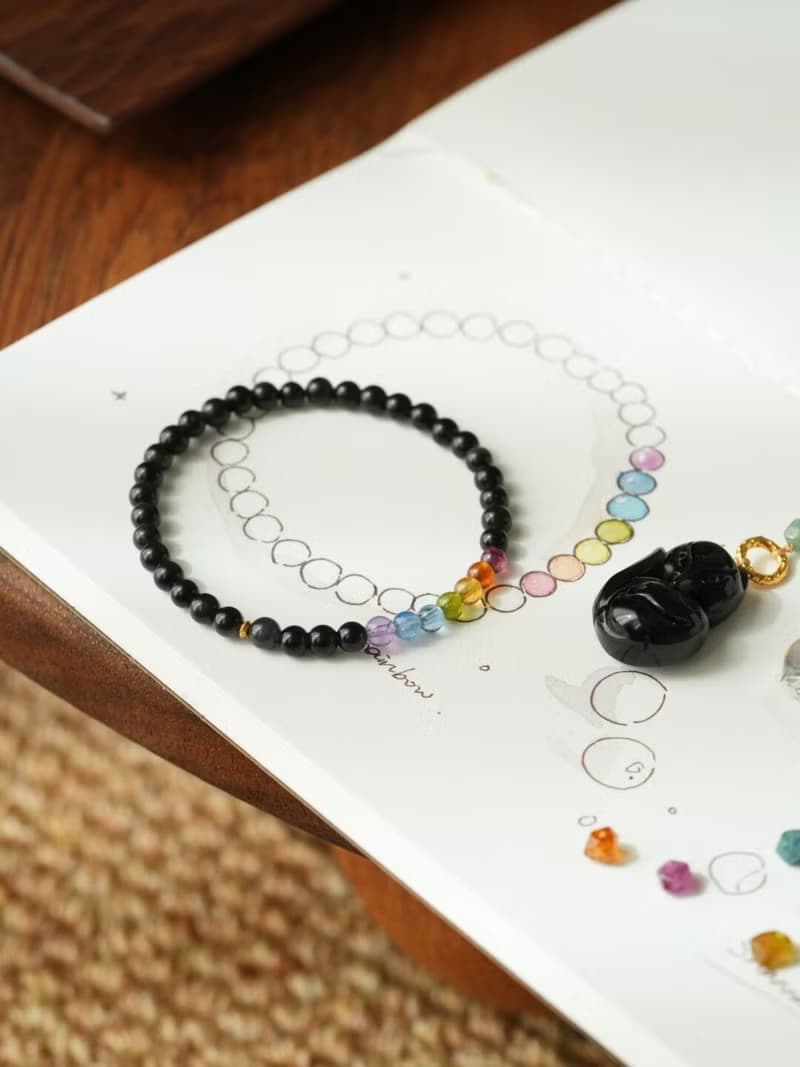 原創手工星霽天然黑曜石彩虹手串碧璽海藍寶多寶手鏈好運生日禮物