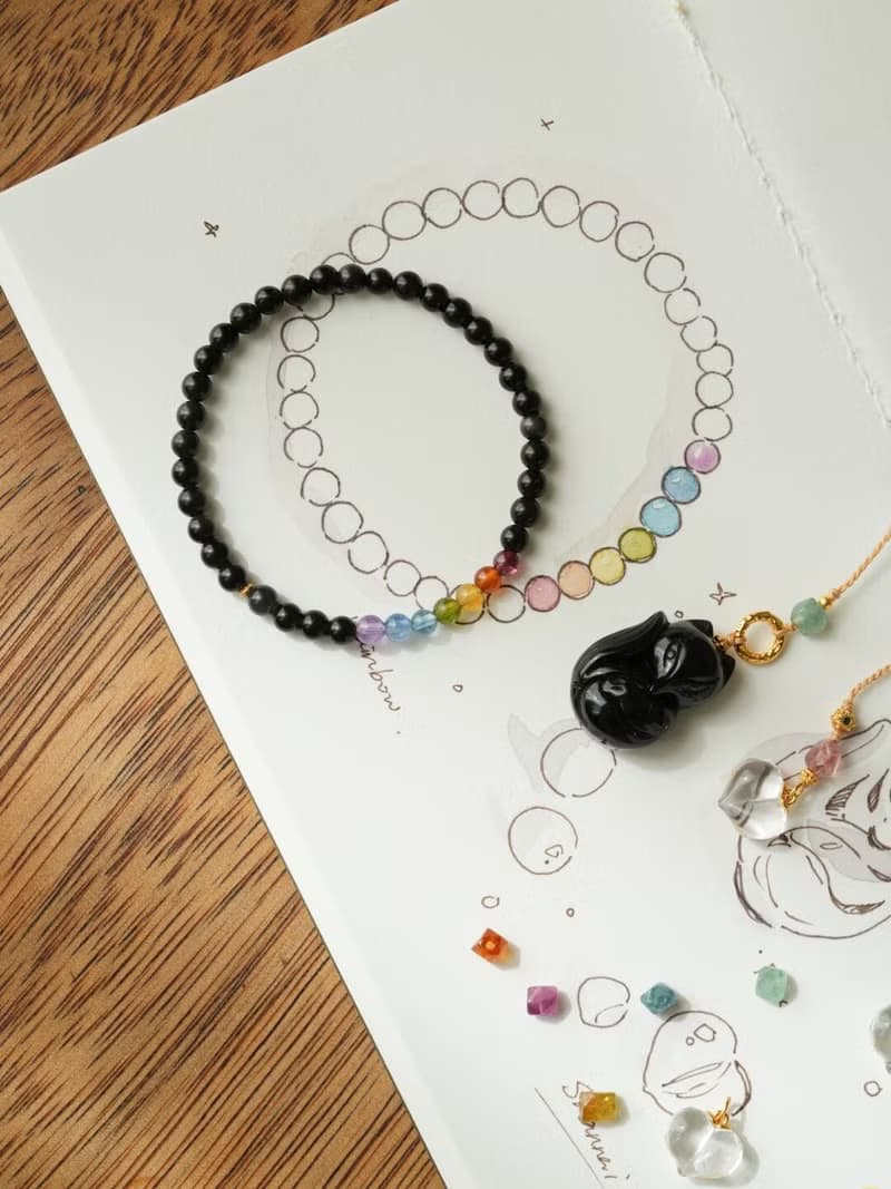 原創手工星霽天然黑曜石彩虹手串碧璽海藍寶多寶手鏈好運生日禮物