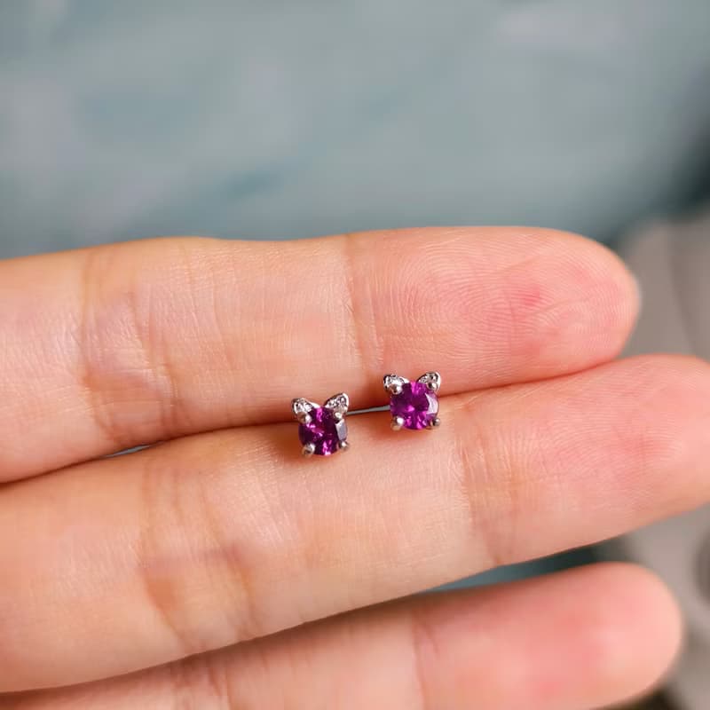 天然玫瑰石榴石 貓咪耳環 貓咪項鍊 貓咪戒指 925銀【聖誕飾品】
