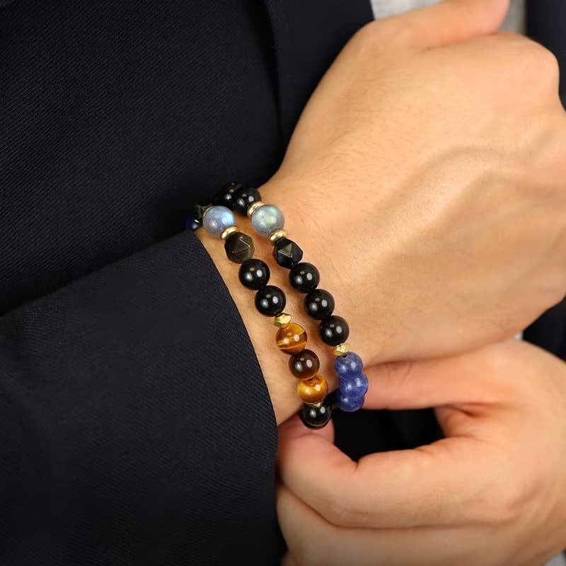 領航者 | B15虎眼石藍紋石拉長石黑曜石雙圈手鍊