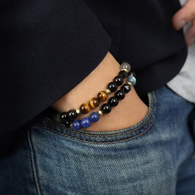 領航者 | B15虎眼石藍紋石拉長石黑曜石雙圈手鍊