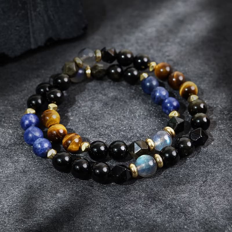 領航者 | B15虎眼石藍紋石拉長石黑曜石雙圈手鍊