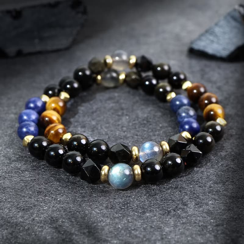 領航者 | B15虎眼石藍紋石拉長石黑曜石雙圈手鍊
