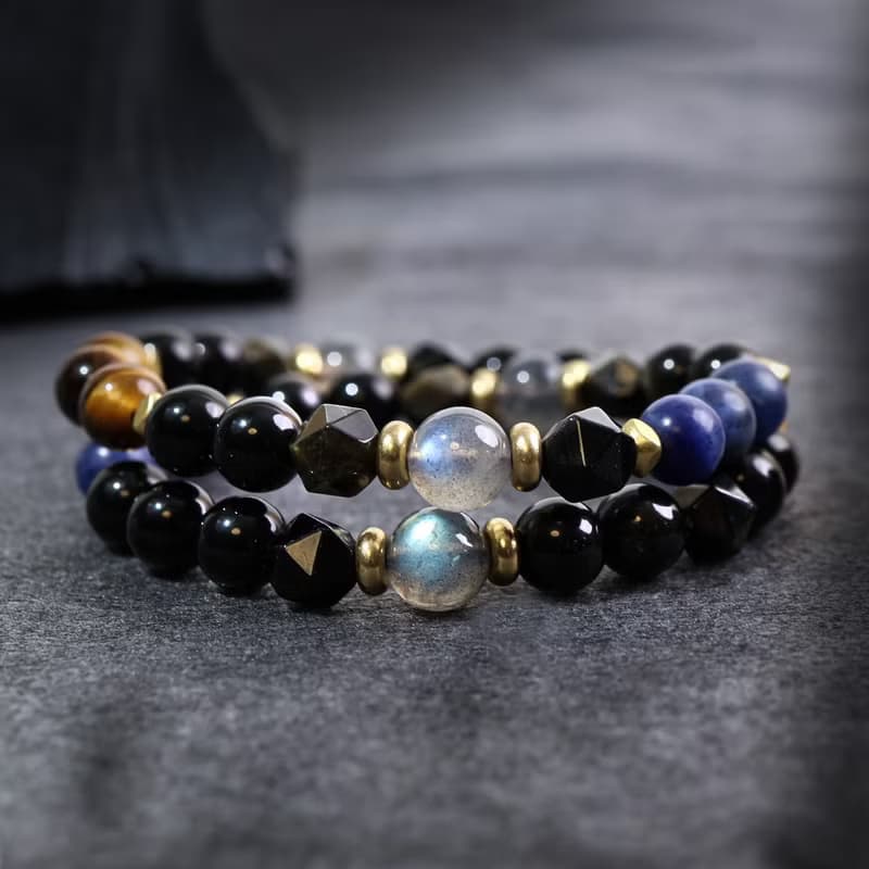 領航者 | B15虎眼石藍紋石拉長石黑曜石雙圈手鍊